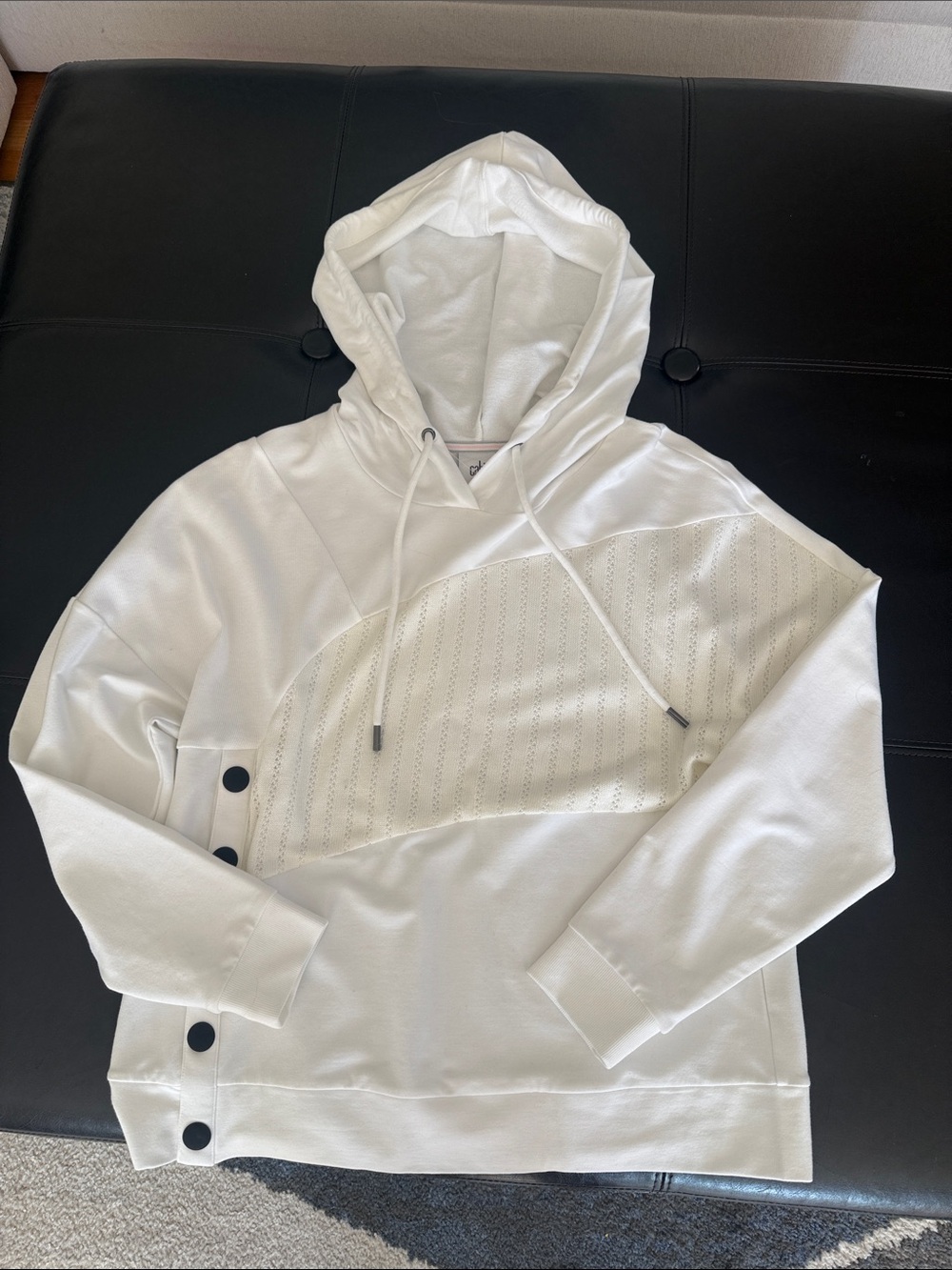 CAbi White Hooded Pullover with Black Side Buttons